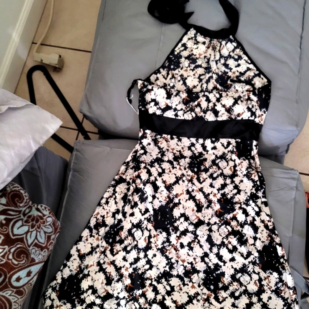 sleeveless black and white halter swing dress